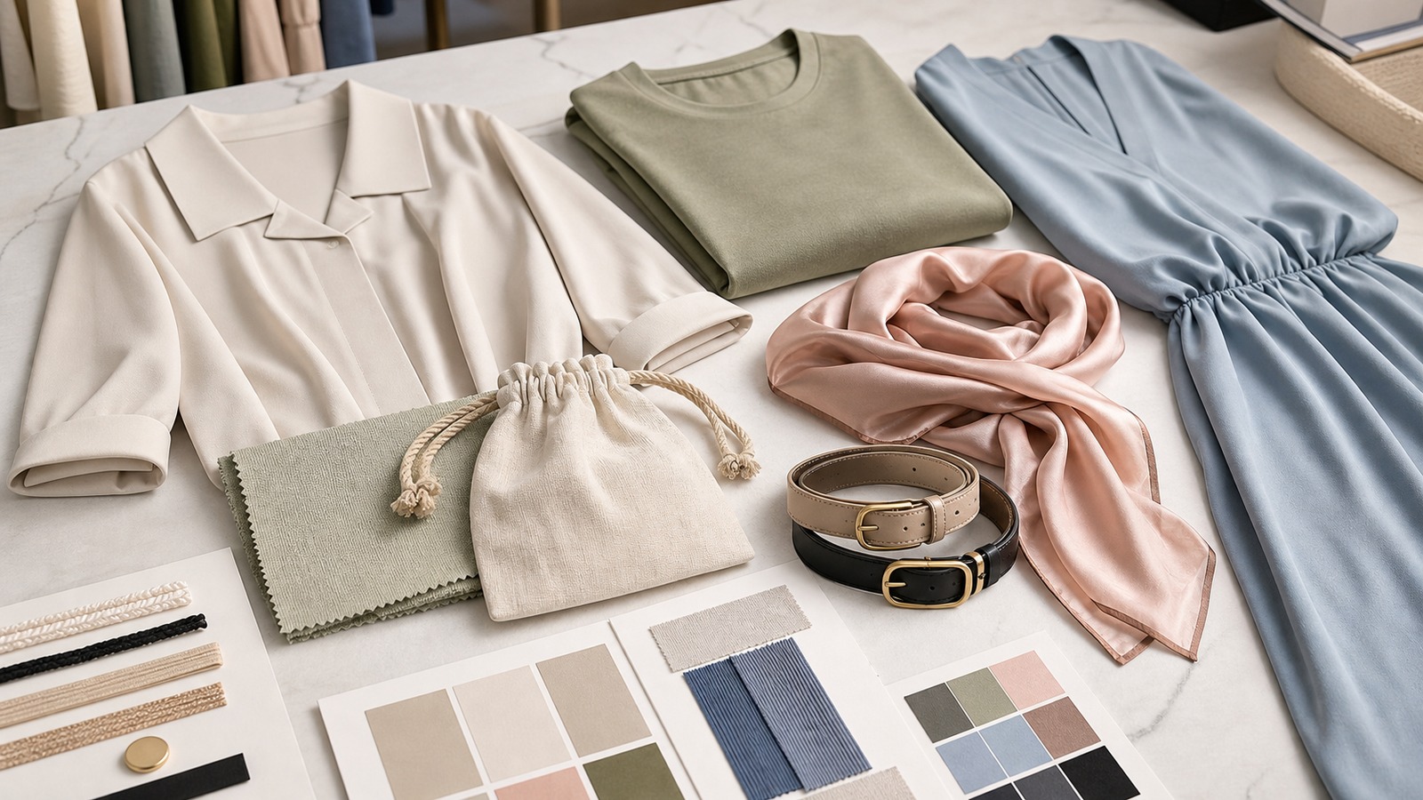 Garment styles, fabric swatches, and colour references arranged for abbigliamento sportivo collection planning
