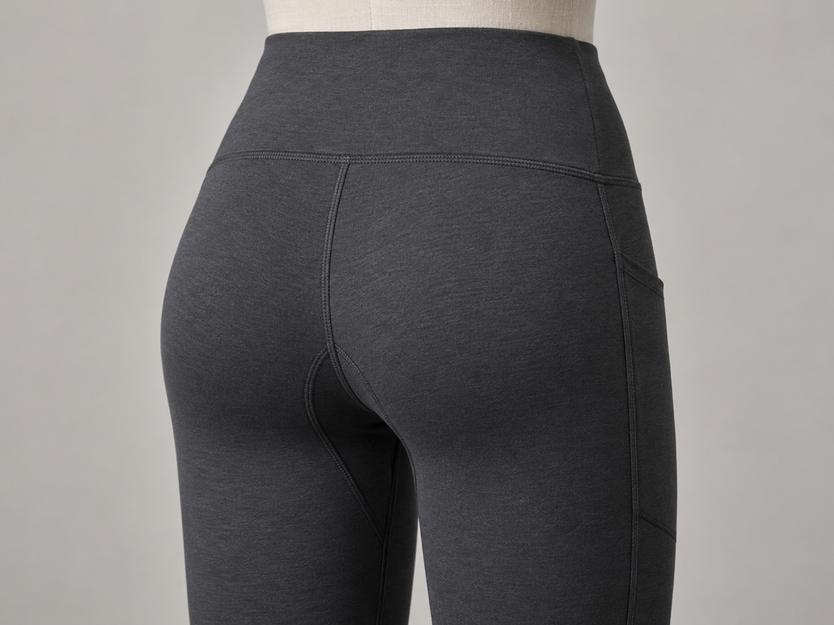 Generic charcoal leggings sample viewed from the back, showing waistband seam, gusset construction and a side pocket as development reference details.
