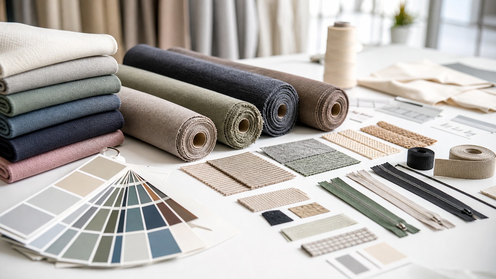 Technical fabric rolls, colour swatches, zippers, and trims prepared for hybrid race apparel development