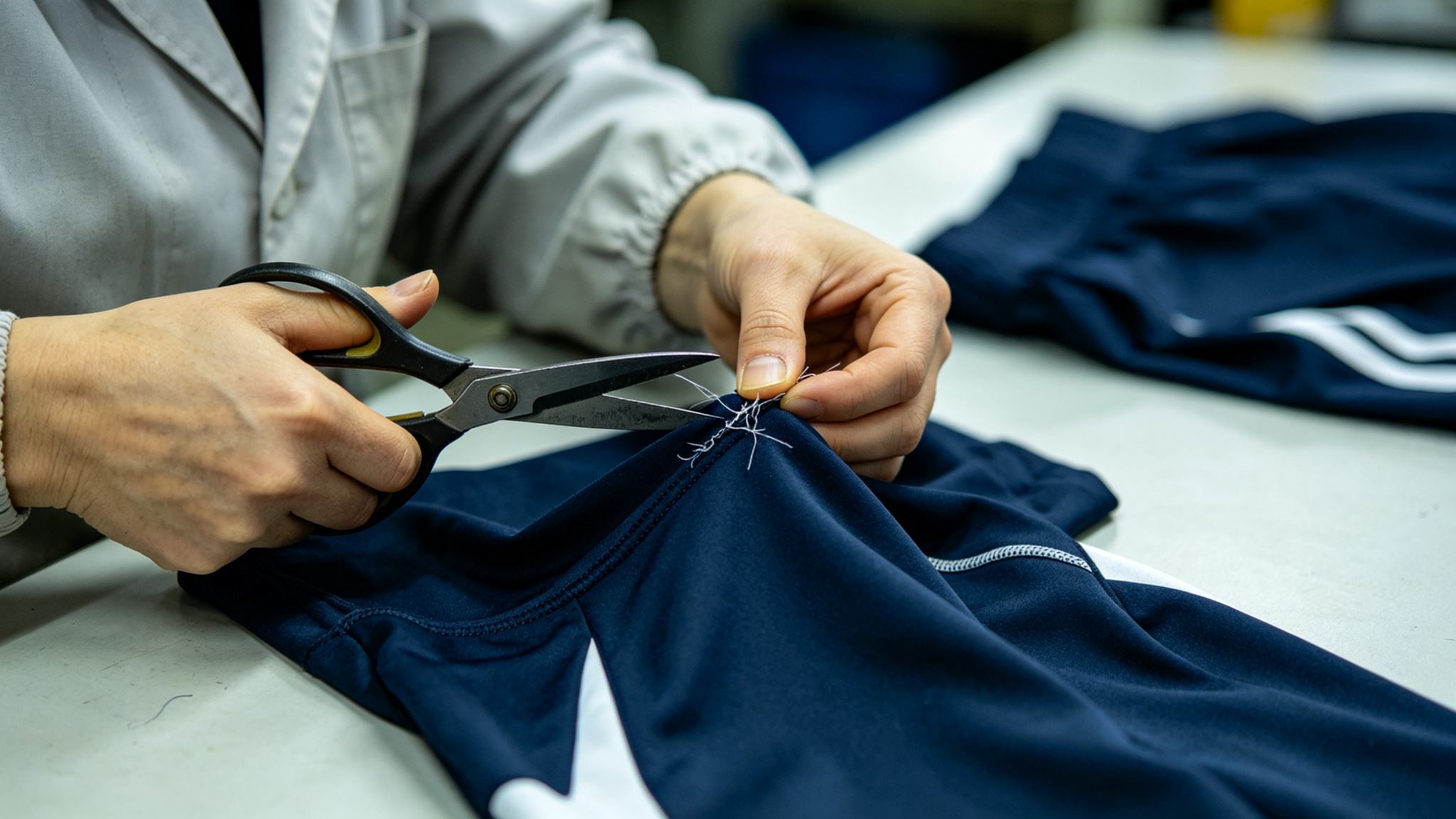 Close inspection of a garment seam during a quality-review step