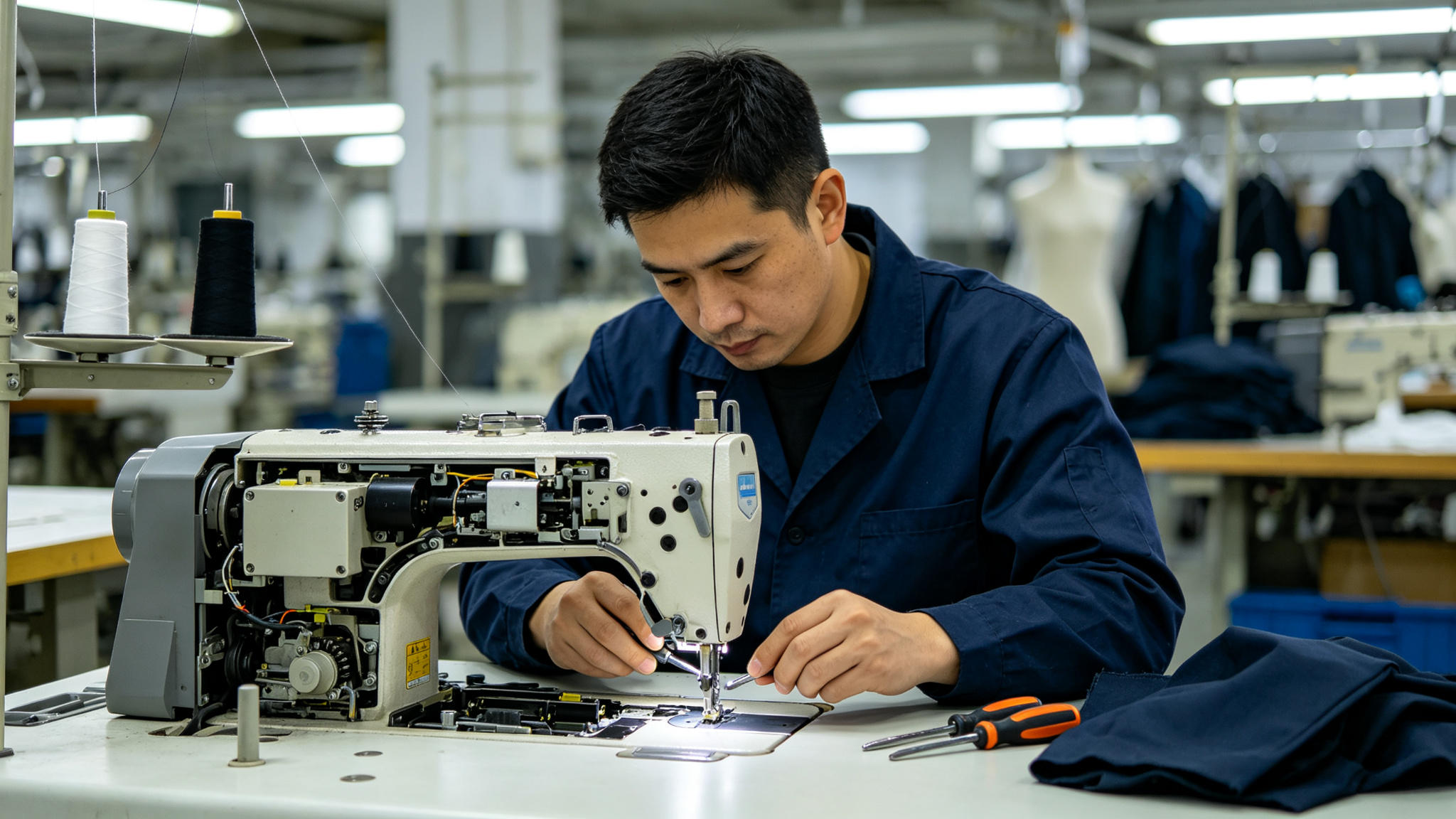 Factory reference showing sewing-machine maintenance before a controlled production step