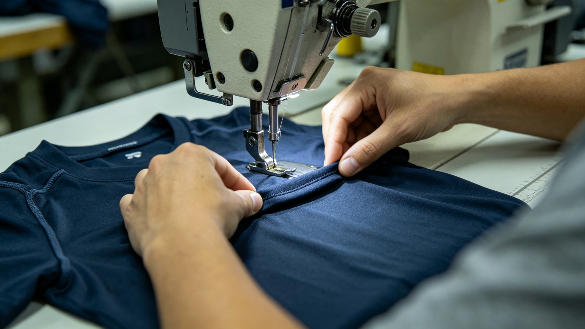 Close inspection of a garment shoulder seam during a sewing step