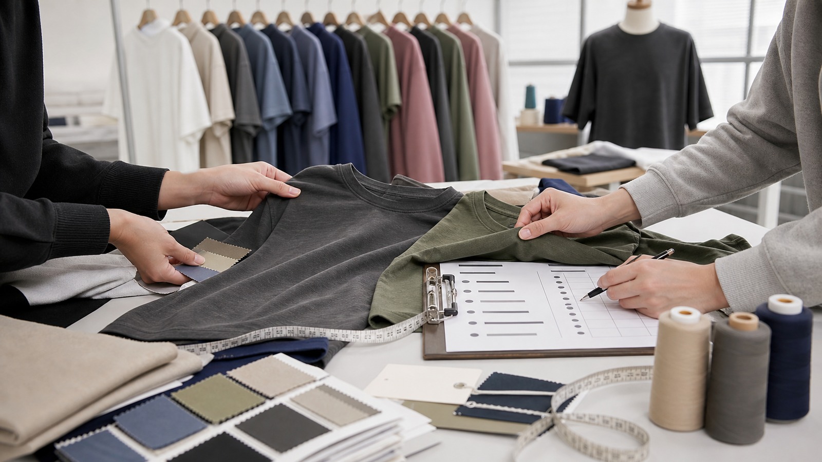 B2B buyer and activewear factory team comparing samples and supplier requirements