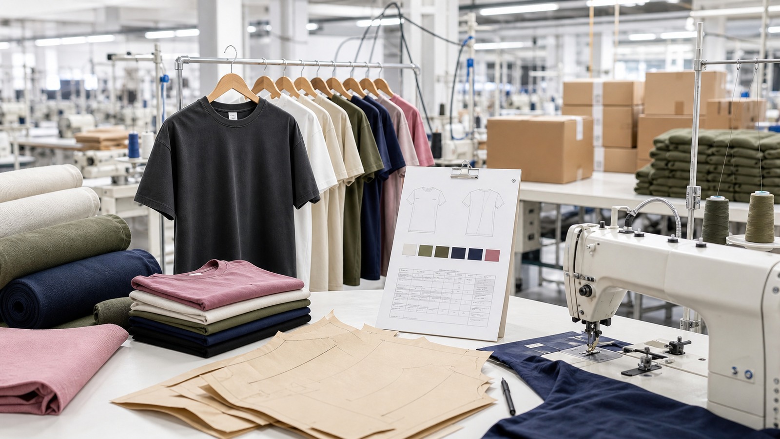 Technical garment sample, fabric rolls, pattern pieces, and production notes used for apparel development