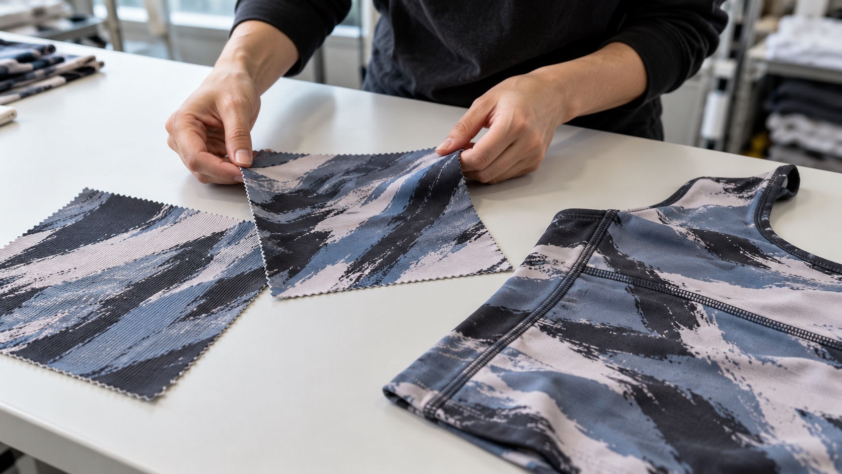 Printed fabric swatches compared with a sewn activewear panel
