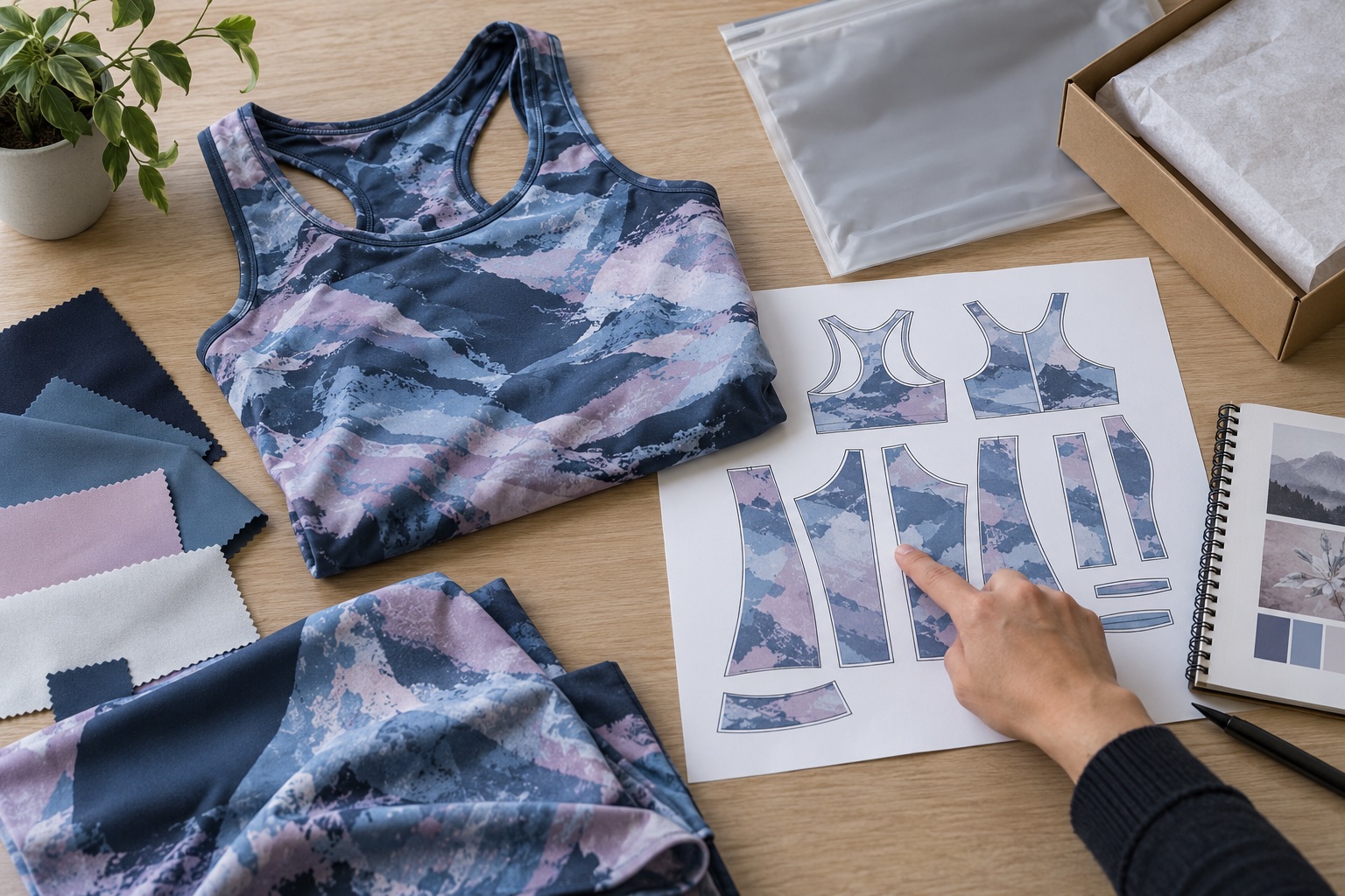 Printed activewear, panel map and separate packing samples on a worktable