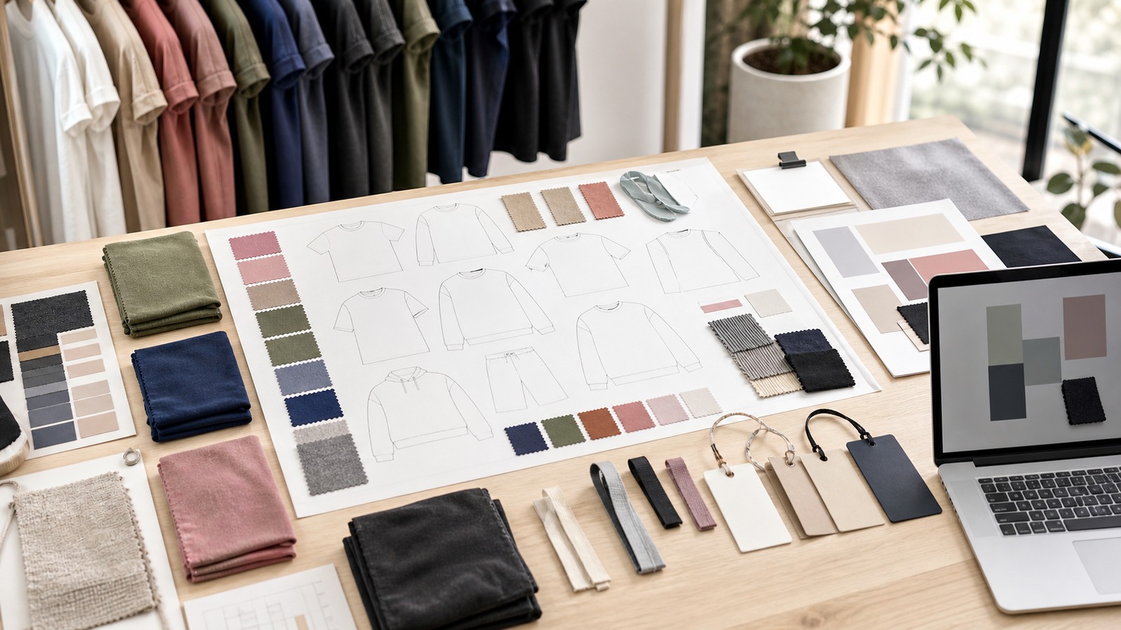 Activewear sample development materials for a custom logo and garment project