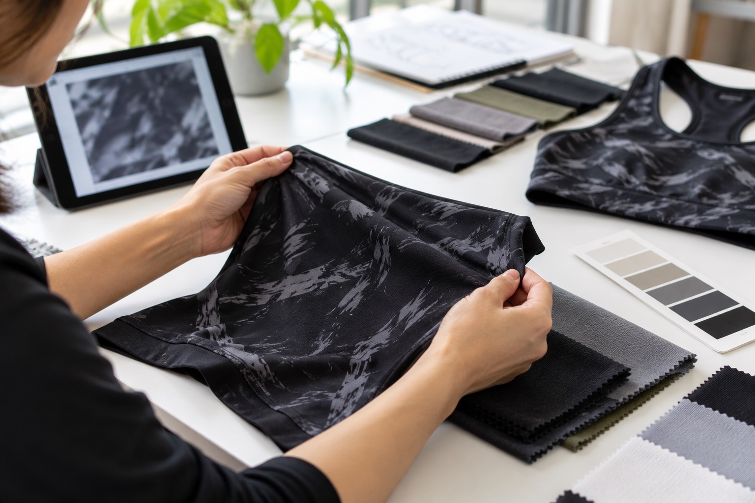 A buyer reviews a printed activewear sample beside fabric swatches and a blurred artwork preview.