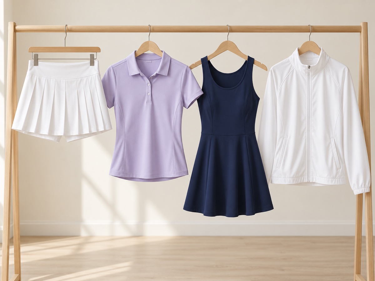 Unbranded tennis apparel capsule samples on a studio rail: pleated skort, polo, tennis dress and light warm-up jacket.