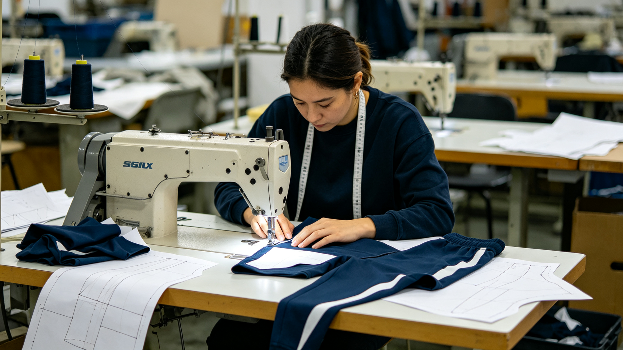 Sample maker sewing an unbranded gym-wear prototype beside controlled pattern pieces
