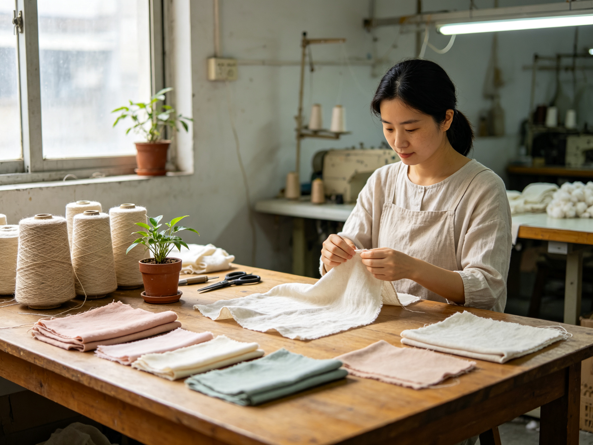 User-provided editorial sewing and material-preparation reference showing a garment worker handling fabric; it supports the idea of controlled sample preparation, not an inPACE workout-shorts production record or approved specification.