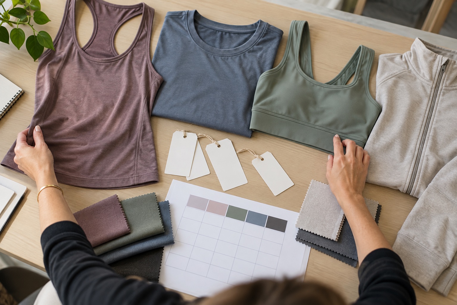 Unbranded workout tops beside blank hangtags, fabric swatches and an assortment planning sheet