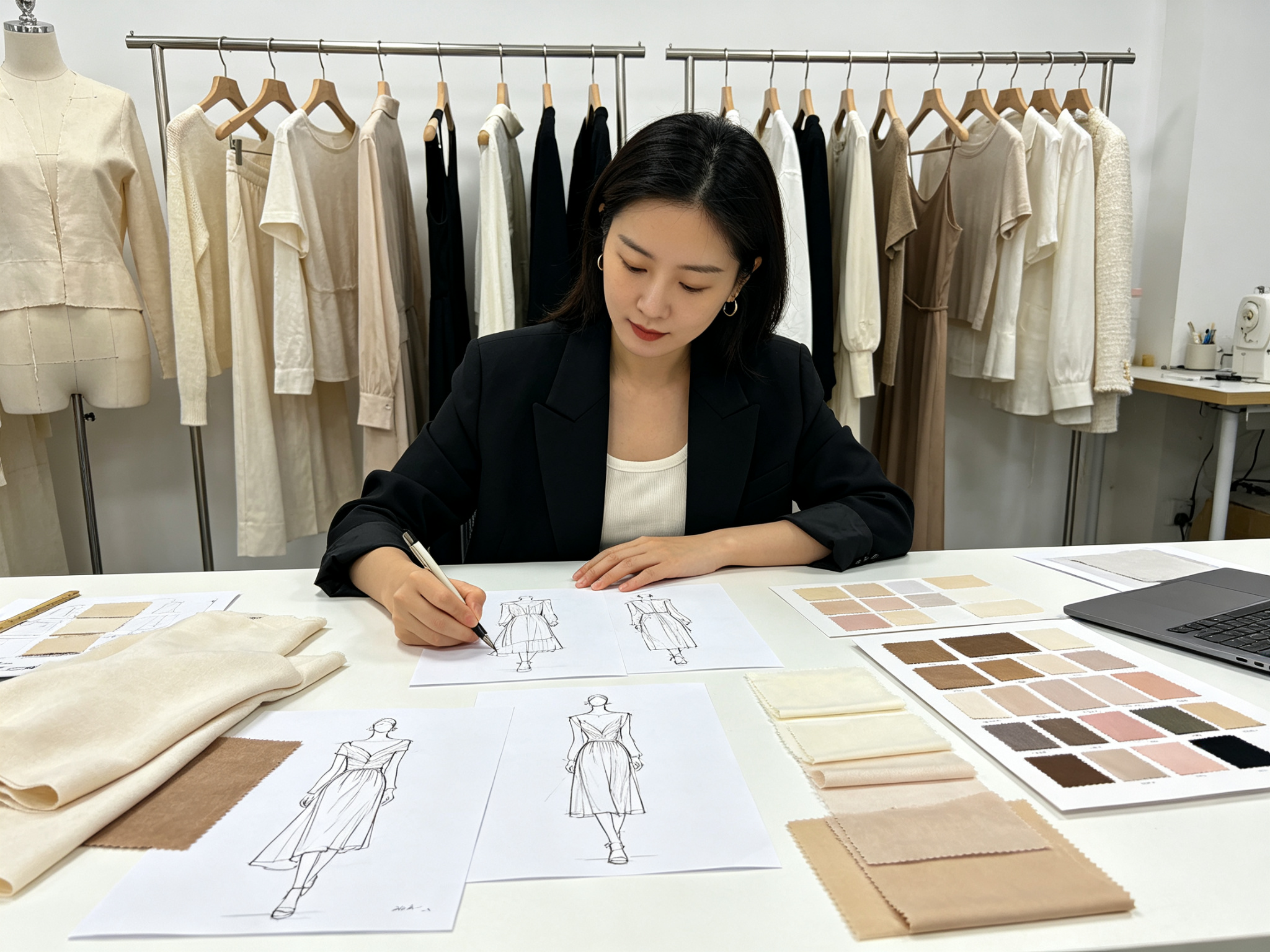 Designer reviewing garment sketches, neutral fabric swatches, and pattern references during a user-provided product-development review; the pictured garments are not a yoga-set specification.