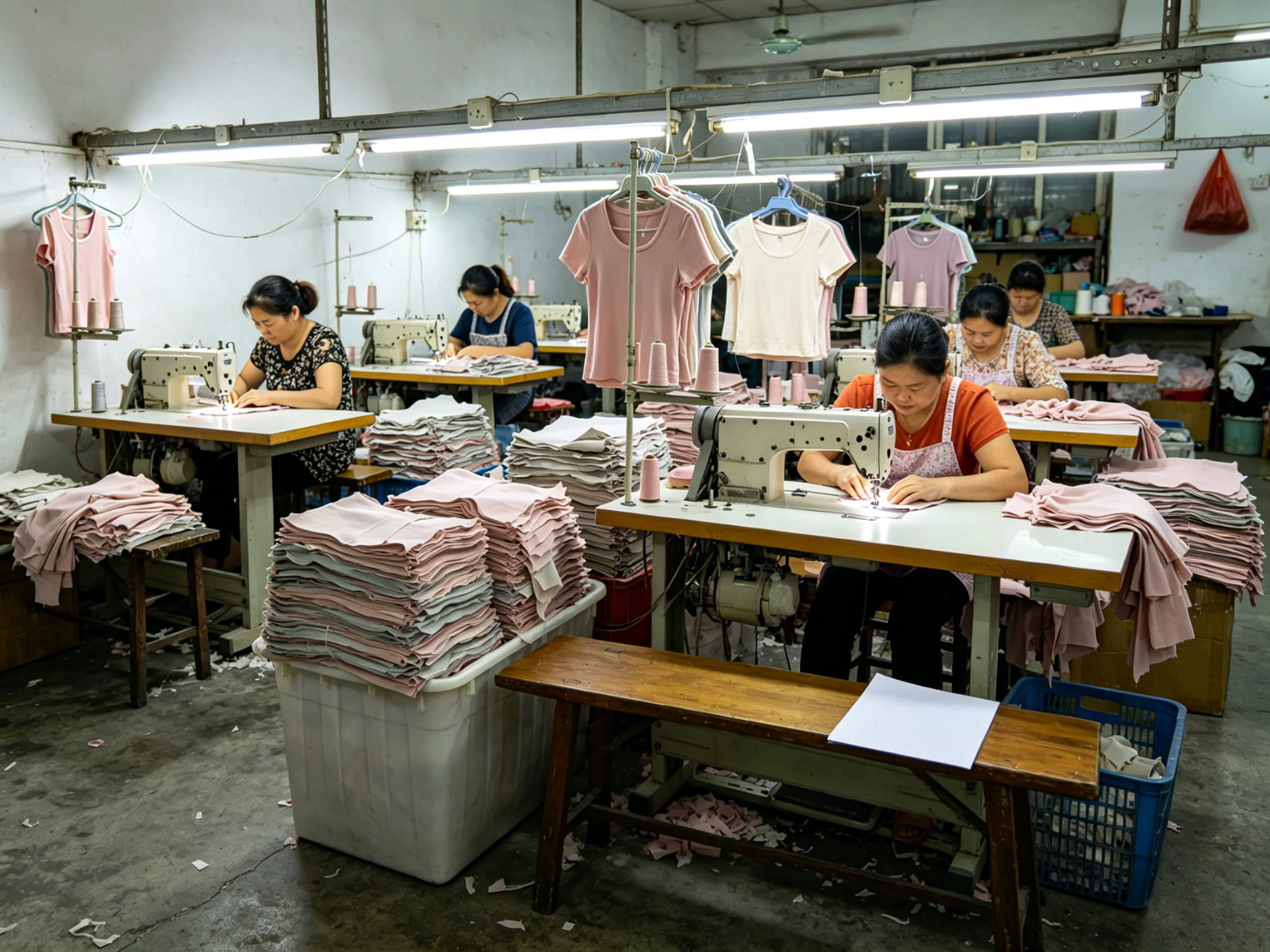 User-provided Yinshan production-floor reference showing garment pieces and sewing work after specifications are approved; the garments pictured are not a yoga-top specification.