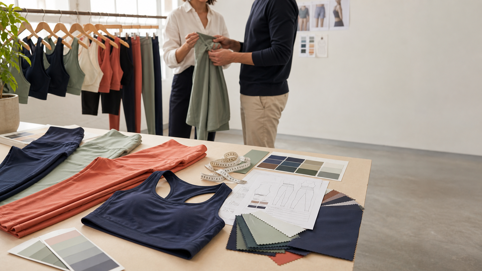 Yoga apparel development team reviewing fabric, fit, and brand details