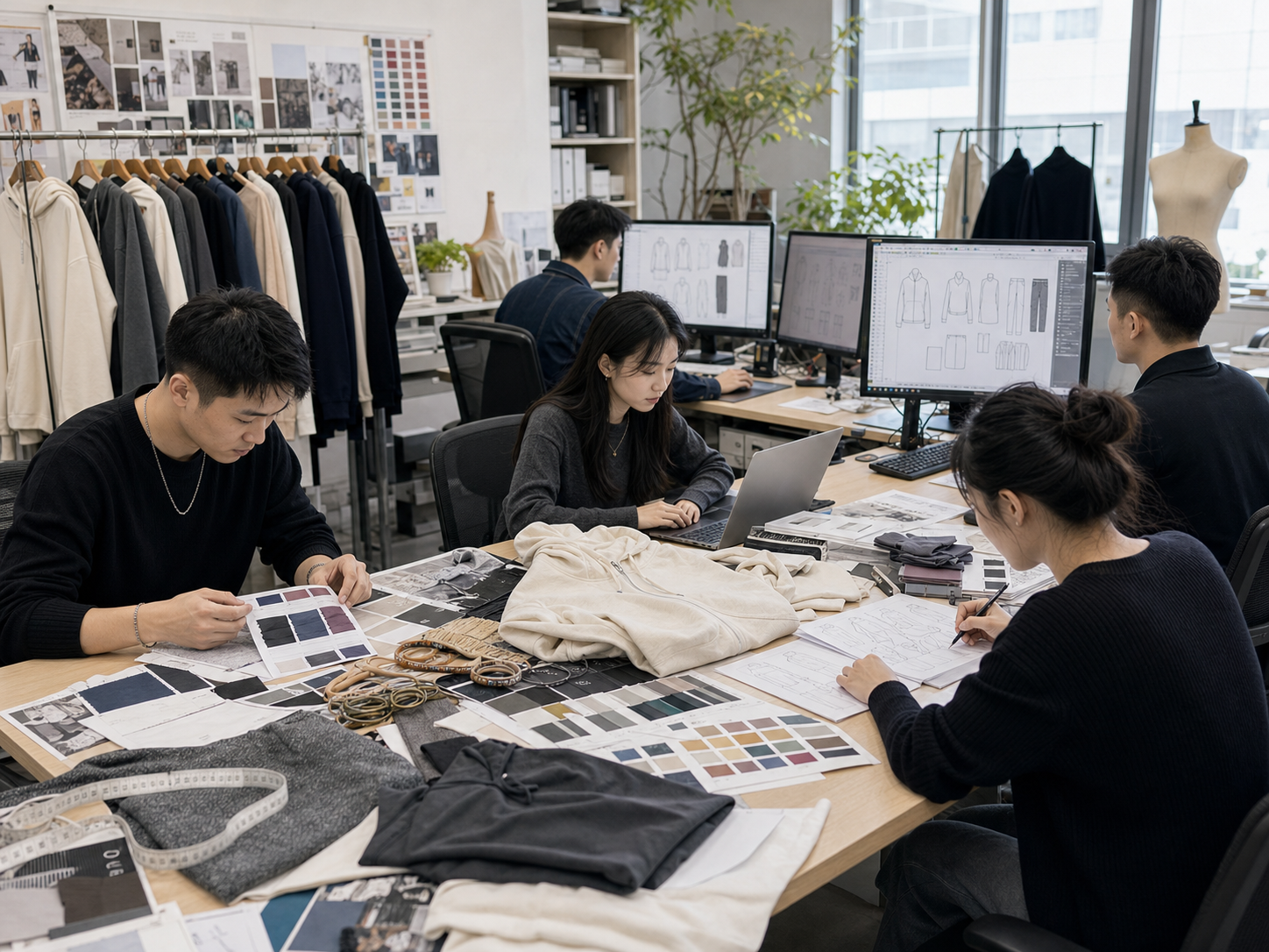 Activewear product design review with sketches, swatches, and samples