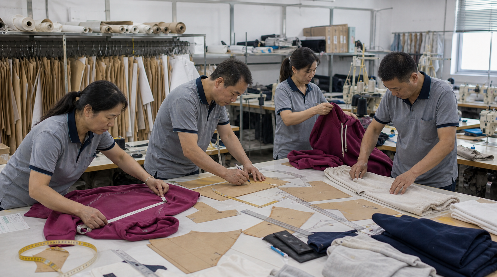 Pattern-room team measuring garments and reviewing pattern pieces for an activewear size range