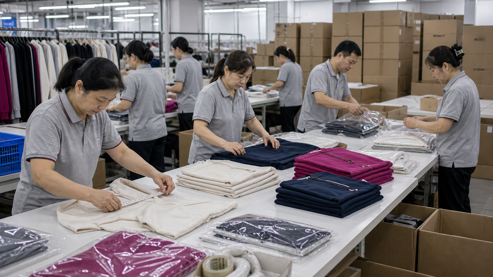 Real activewear factory team folding, checking, bagging, and preparing garments beside shipping cartons