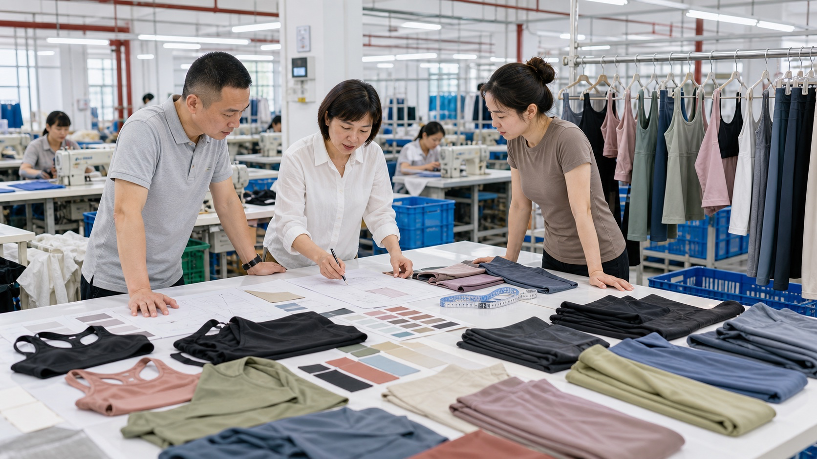 Activewear development team reviewing samples, colour references, and production notes before bulk planning