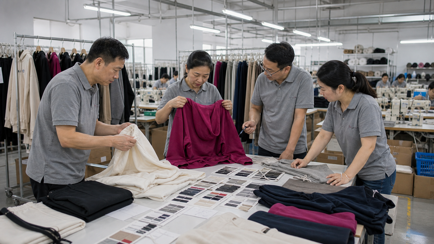 Factory sample team reviewing garments and fabric references before approving size grading