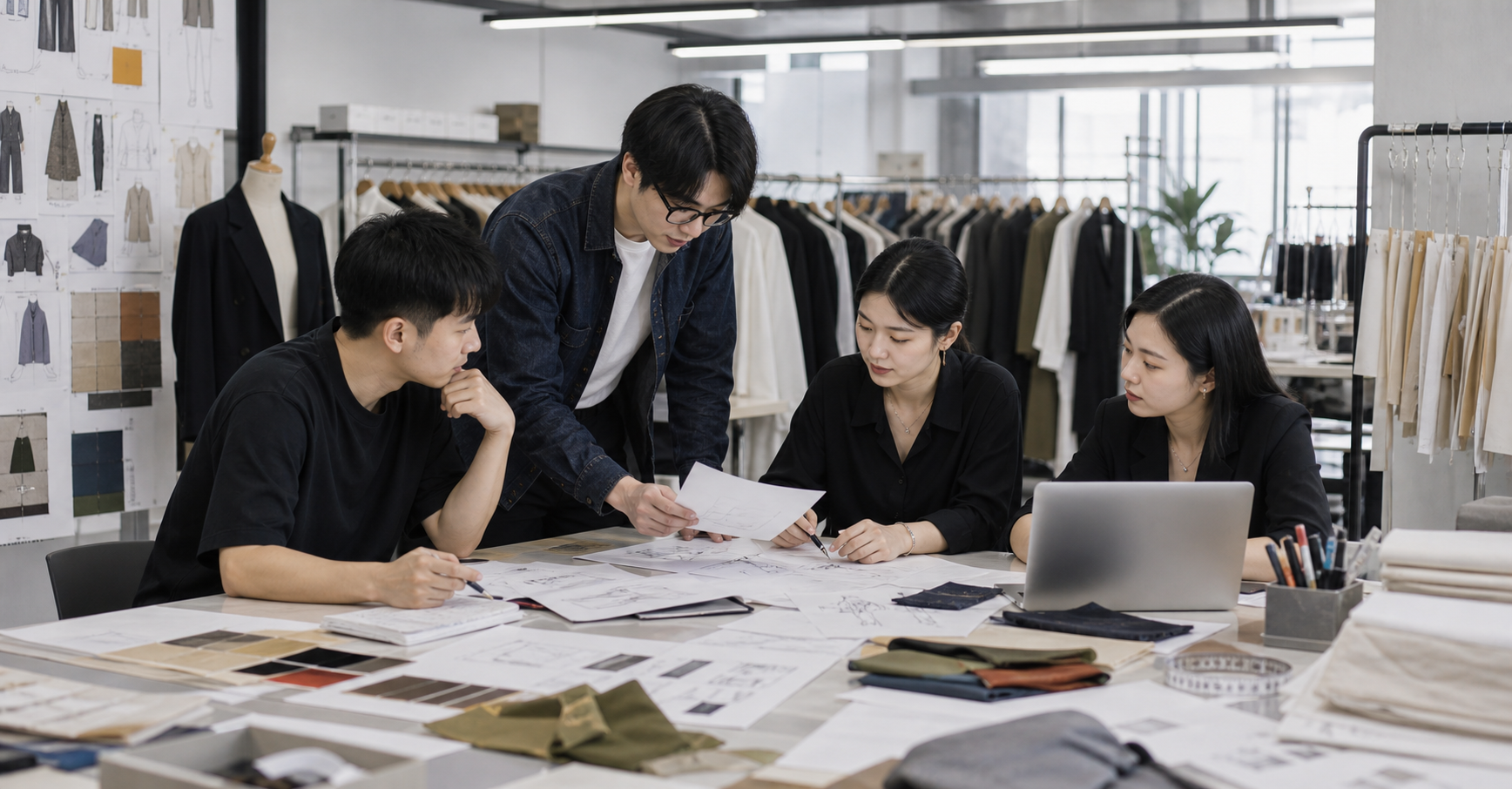 Apparel design team reviewing sketches, fabric swatches, and development references