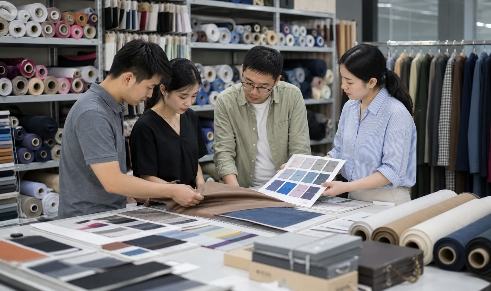 Factory team comparing fabric rolls, swatches, and colour options for activewear production