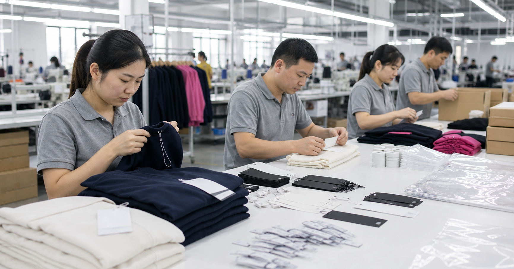 Real factory finishing team checking garment labels, folding activewear, and preparing individual bags