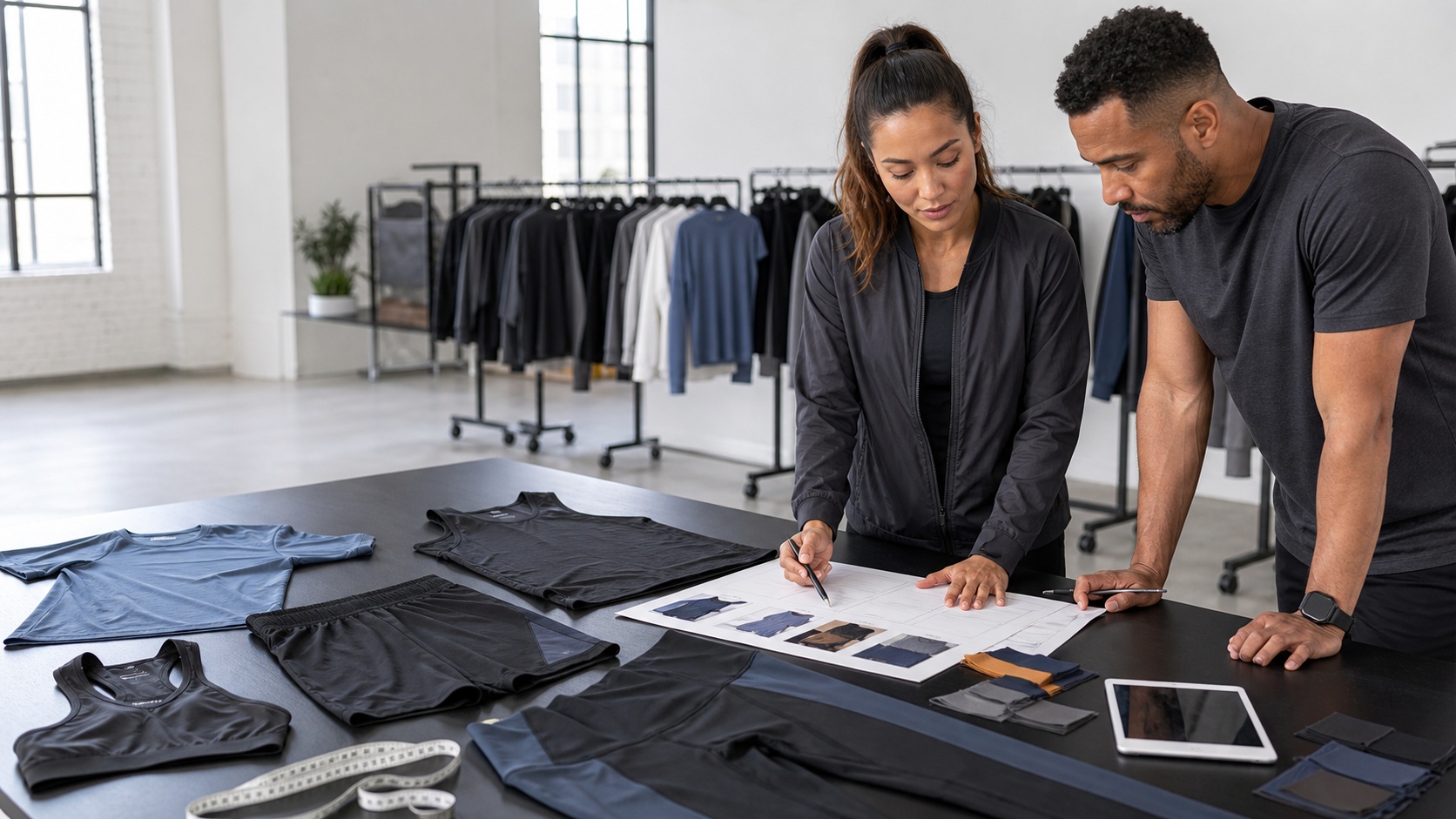 Fitness apparel product team reviewing unbranded technical training garments, fabric swatches, and a collection brief