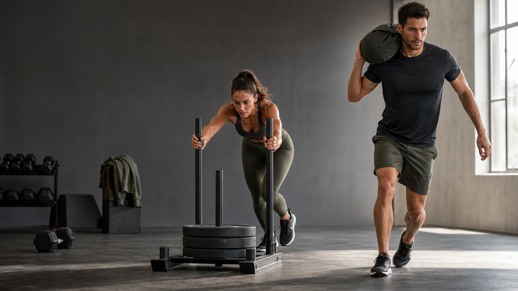 Athletes training with a sled and sandbag in unbranded hybrid race technical apparel