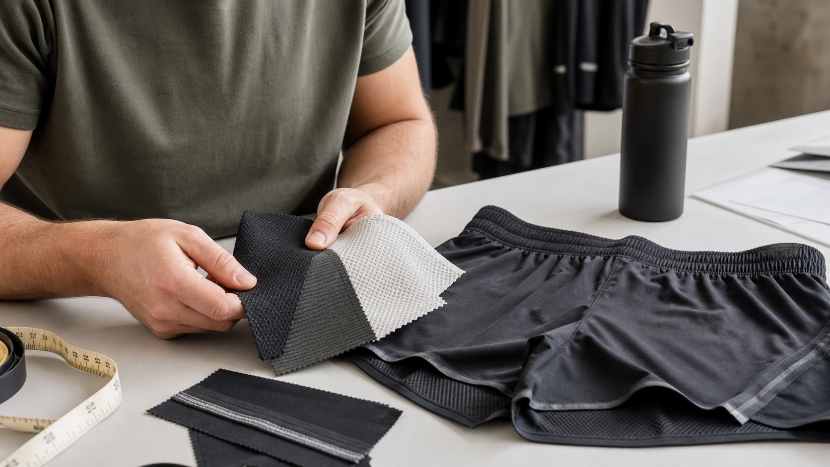 Developer reviewing technical fabric swatches and a performance running short