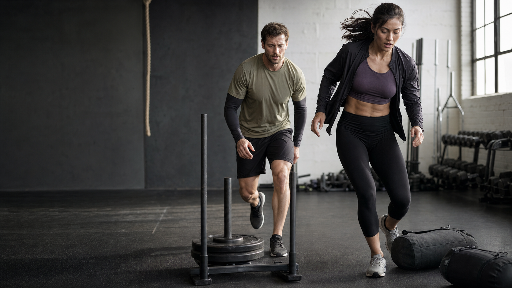 Two athletes training with a sled and sandbags in unbranded hybrid racing apparel