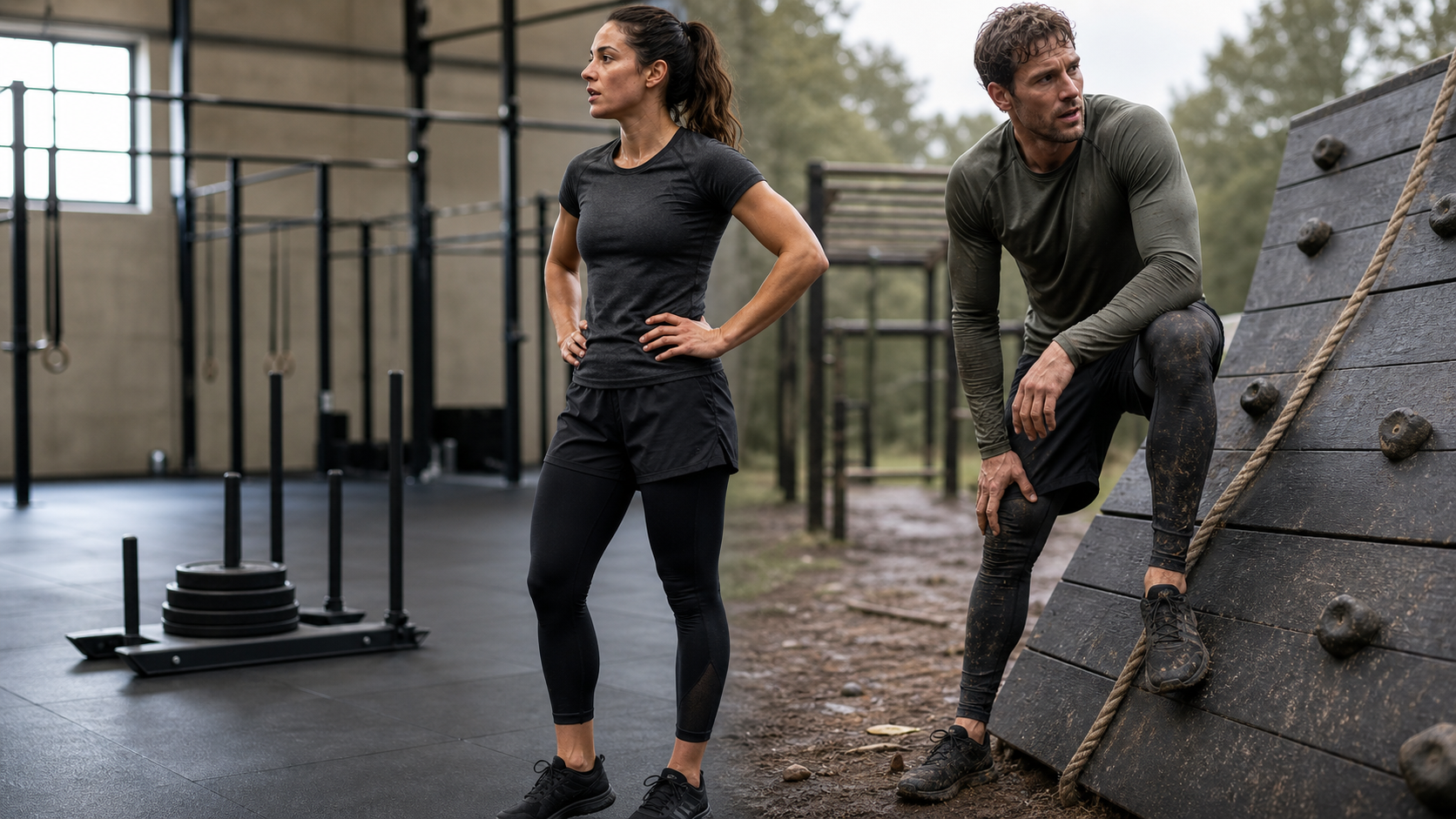 Unbranded technical apparel shown in indoor functional training and outdoor obstacle course settings