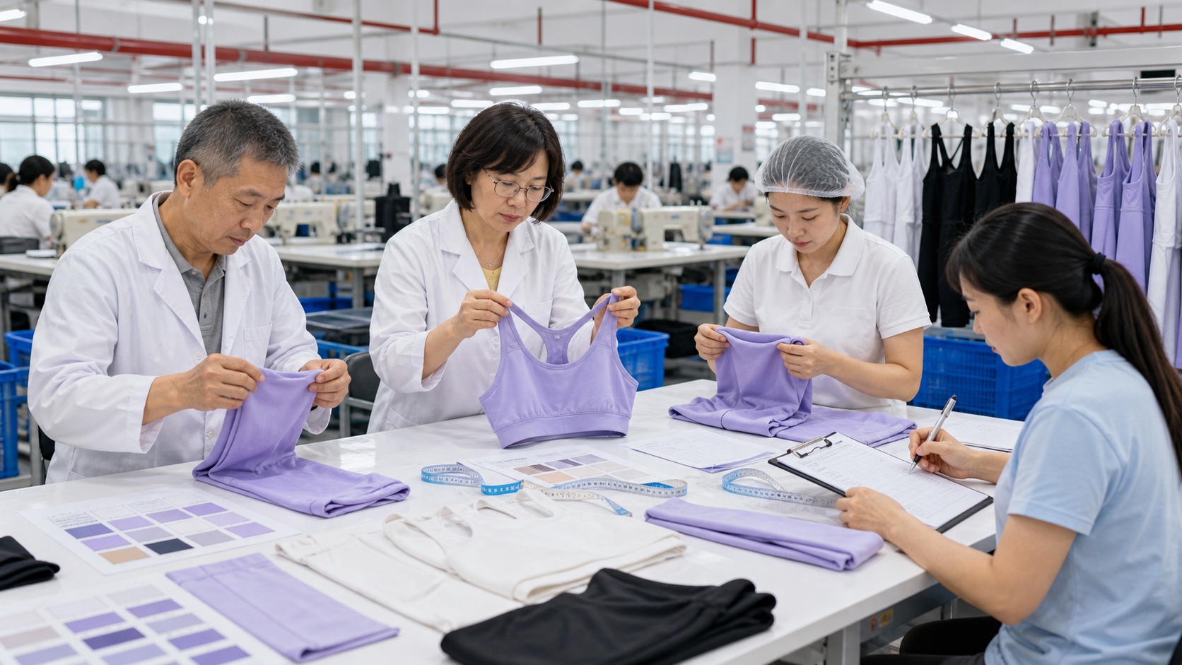 Factory team reviewing unbranded activewear garments and product information during a controlled quality and development check
