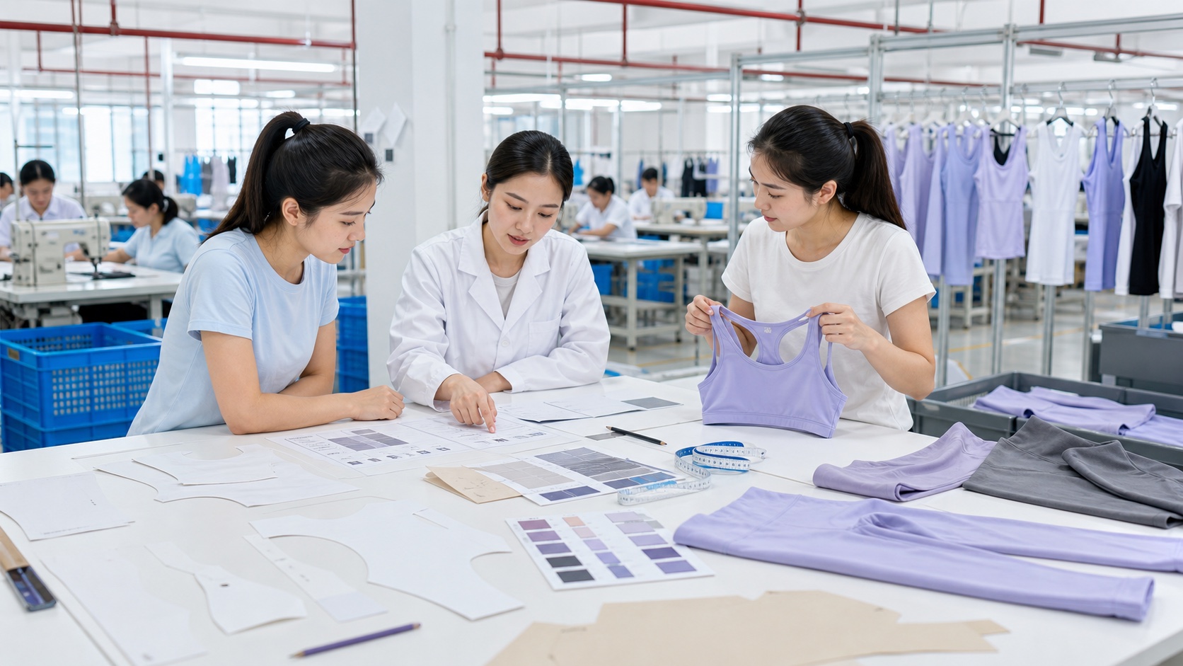 Activewear development team reviewing fabric swatches, pattern pieces, and a sample garment before production