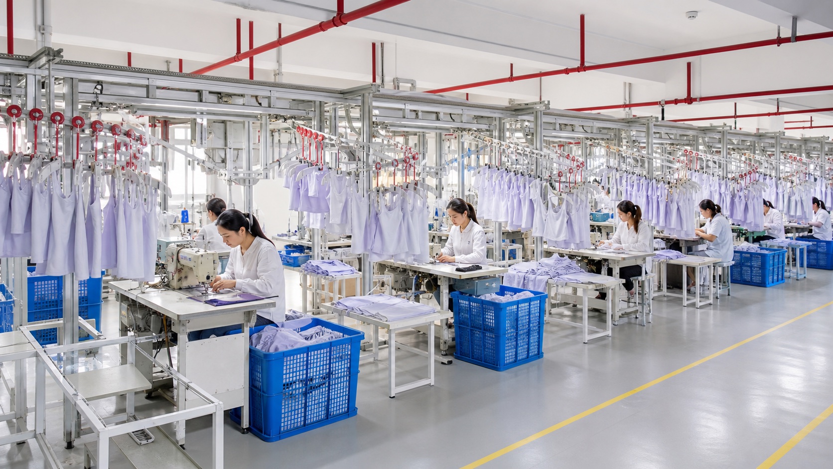Unbranded light-colour activewear moving through a sewing-line production context