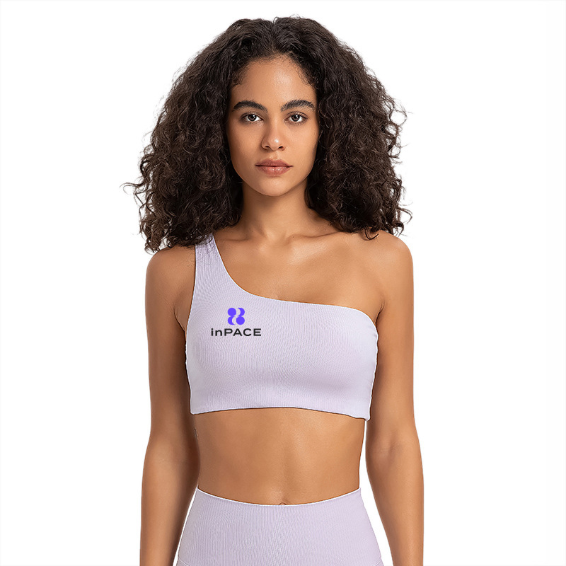 Lilac one-shoulder keyhole-back sports bra front view for private-label development