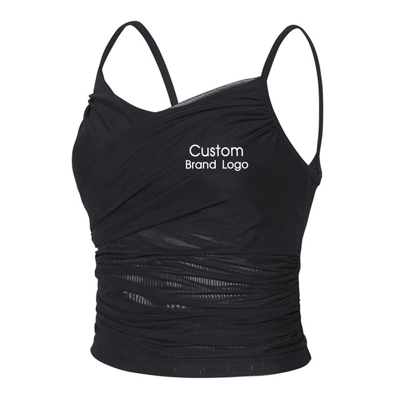 Black activewear top with a visible mesh panel, shown as a garment-placement reference
