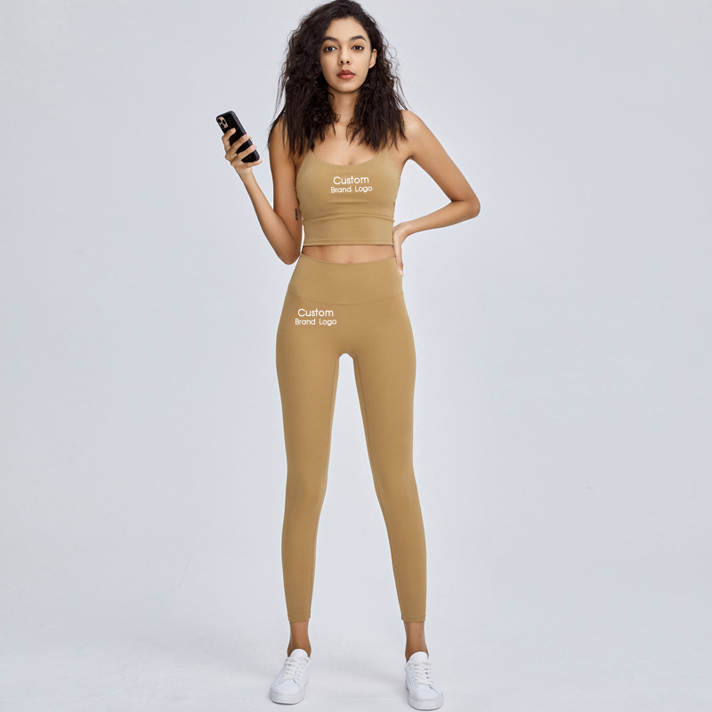 Tan square-neck spaghetti-strap yoga tank for private-label activewear development