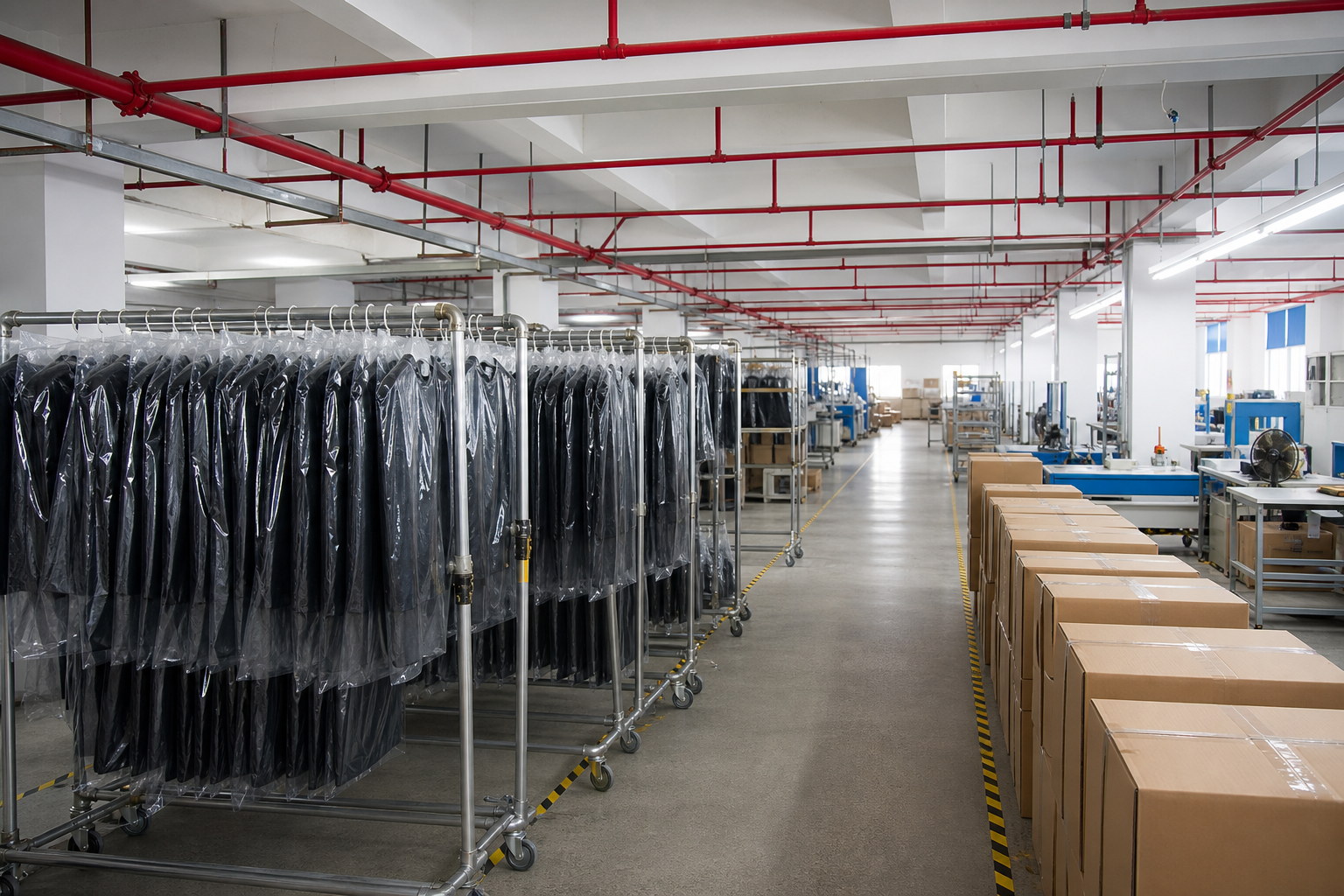 Activewear garments in protective covers beside sealed cartons in a factory packing area