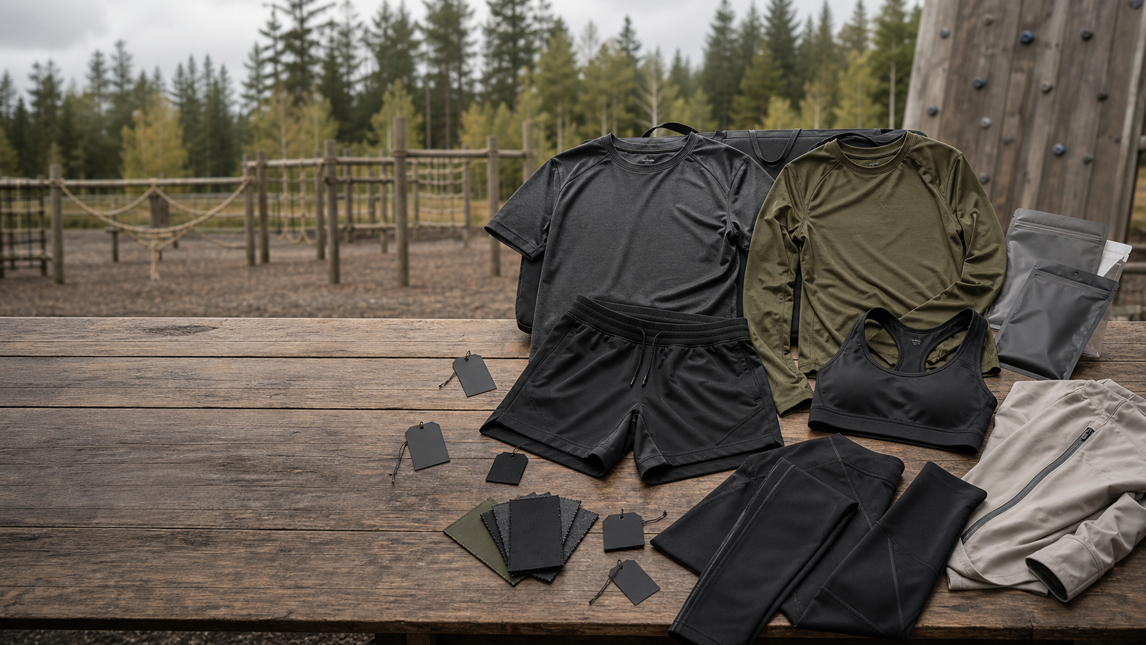 Unbranded private label OCR apparel collection with technical tops, shorts, leggings, tags, fabric swatches, and packaging samples