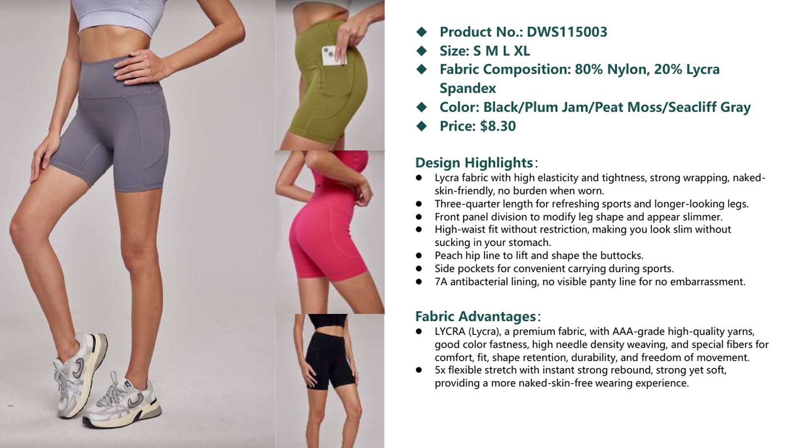 Fiche produit de yoga activewear montrant la construction et les vues de détail